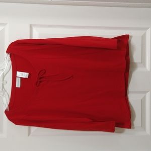 Red  long sleeve , notched v-neck  shirt.